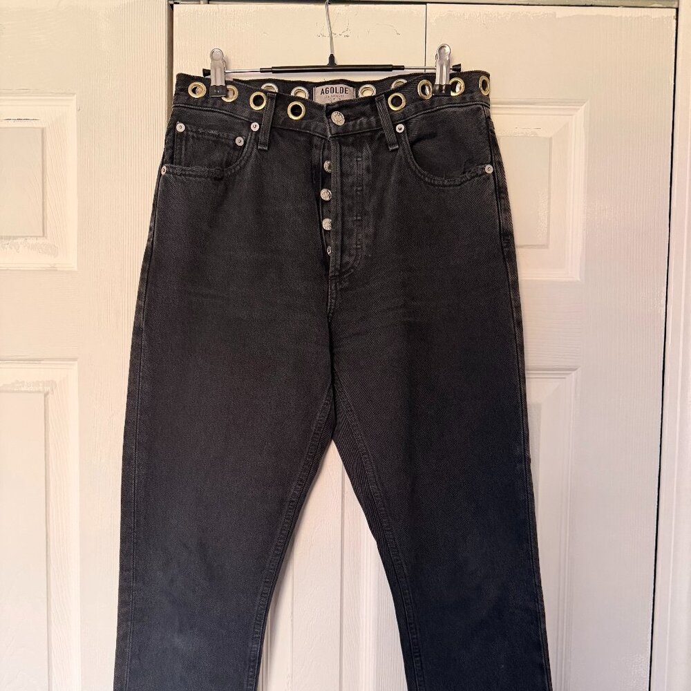 AGOLDE High Rise Black Denim Jeans • Size 25 • Button Fly • Gold Grommet